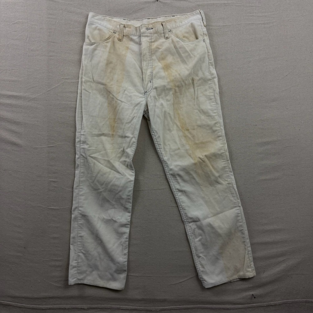 70s Rustler Corduroy Pants Mens 36x34 Off-White Distressed Straight Leg USA Made